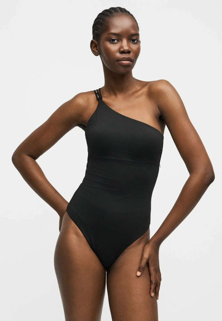 Max Mara Asymmetrical One-Shoulder Black Swimsuit With Metallic Accents