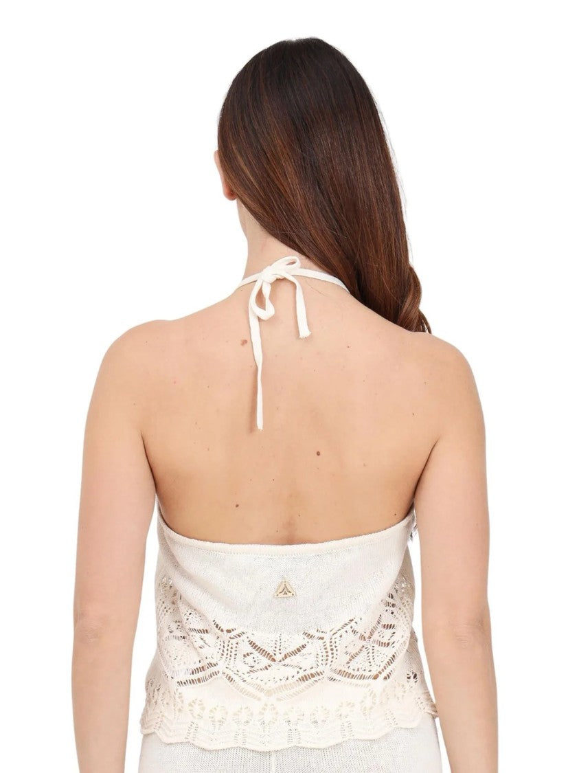 Akep White Openwork Tricot Linen-Cotton Tank Top
