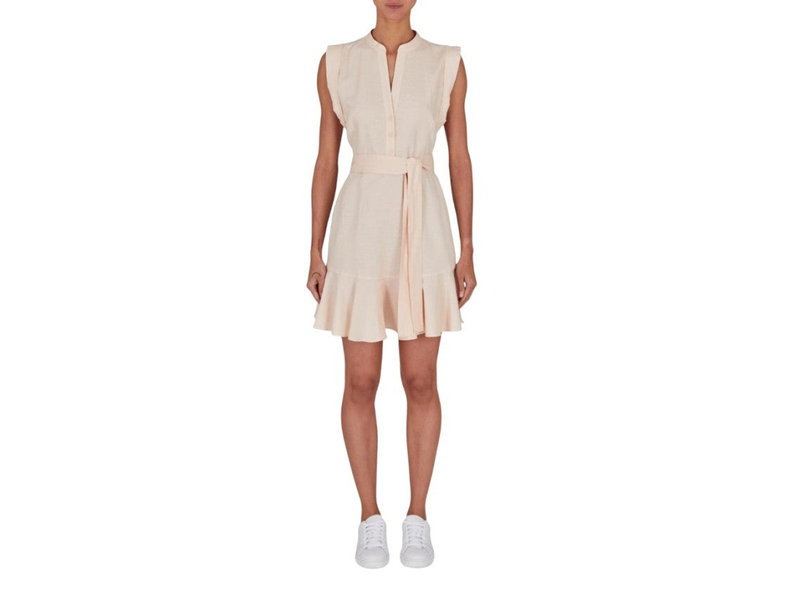 Armani Exchange White Sleeveless Mandarin Collar Flounced Dress