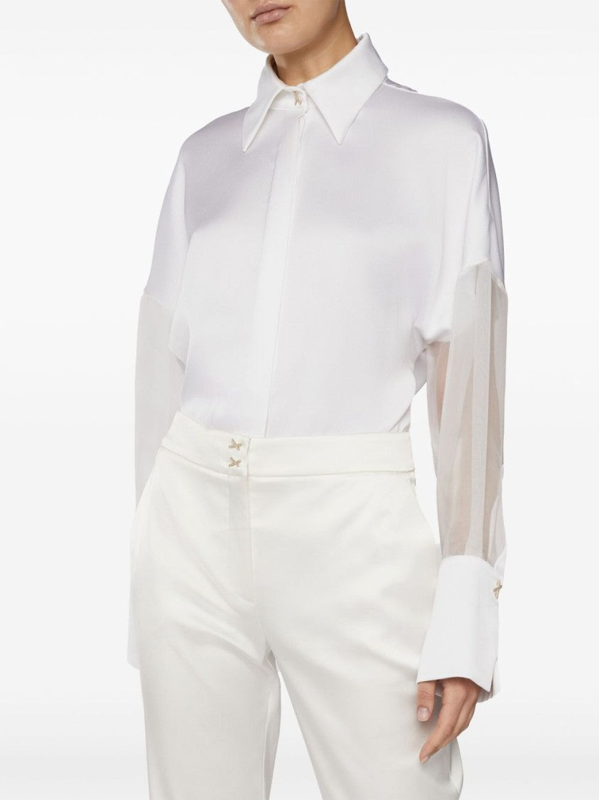 Genny White Satin Shirt With Sheer Sleeves