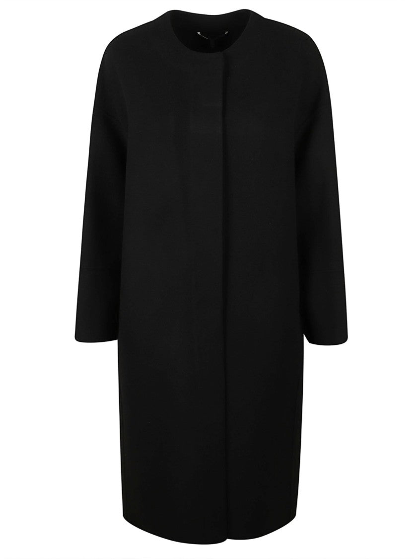 Max Mara Collarless Black Minimalist Coat With Straight Silhouette
