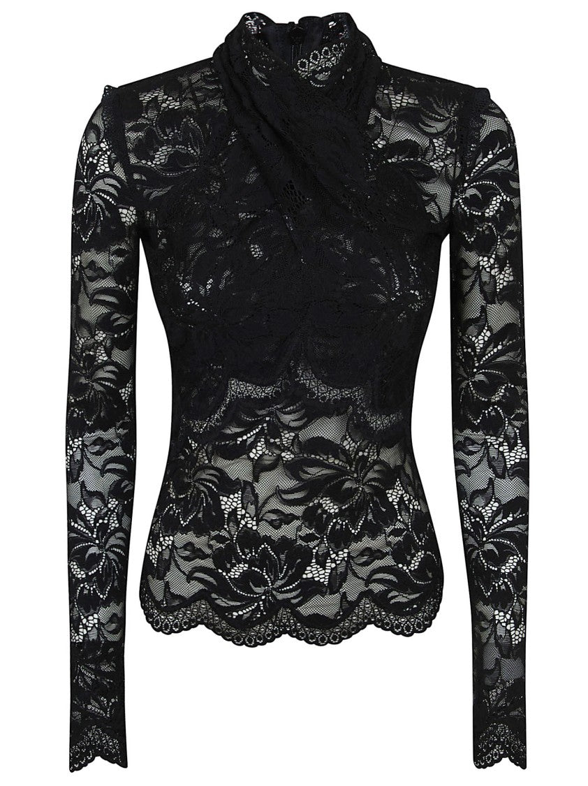 Paco Rabanne Intricate Black Lace Long-Sleeved Top With Scalloped Detailing