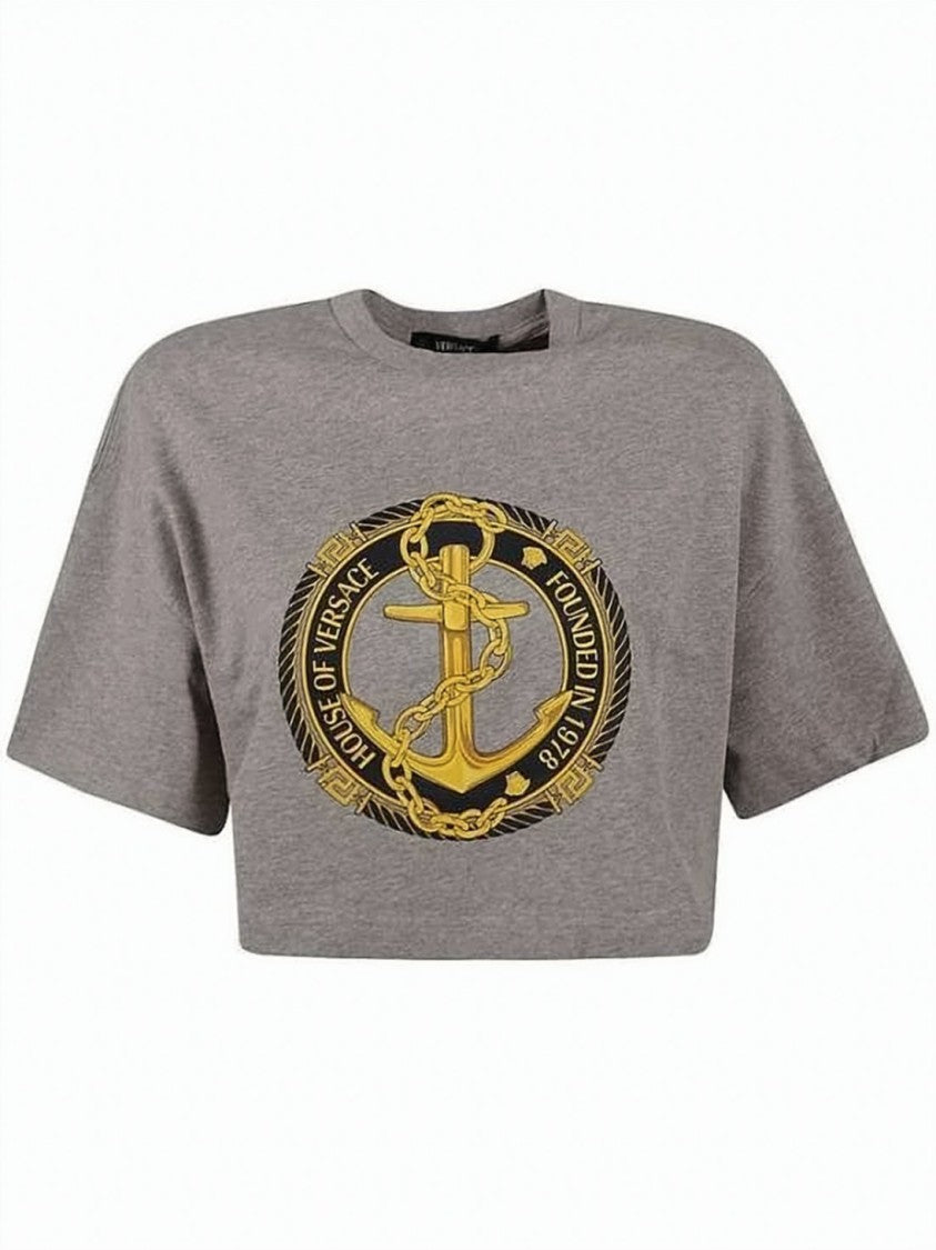 Versace Cropped Short-Sleeve T-Shirt With Bold Emblem And Round Neckline