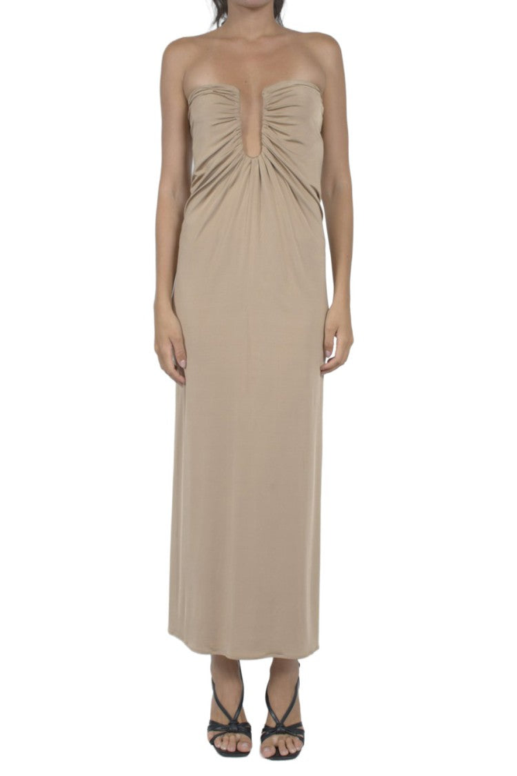 Magda Butrym Beige Strapless Gathered Cut-Out Viscose-Blend Maxi Dress