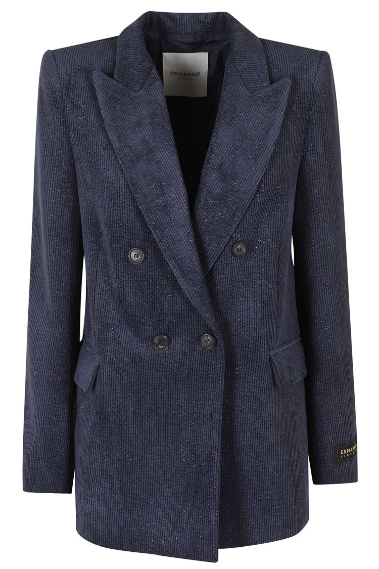 Ermanno Firenze Blue Polished Corduroy Double-Breasted Polyester-Blend Blazer