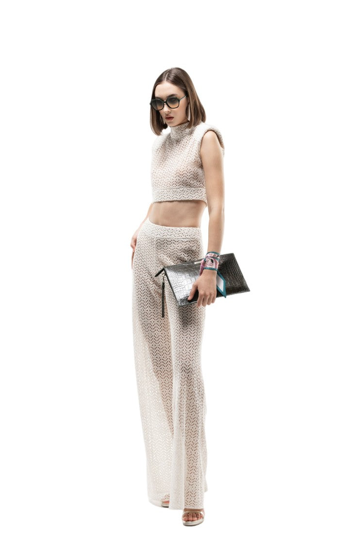 Saiid Kobeisy Ivory Knitted High-Waist Flared-Leg Pants
