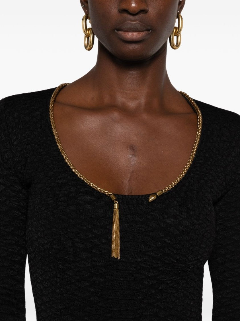 Elisabetta Franchi Black Textured Gold-Chain Accent Midi Dress