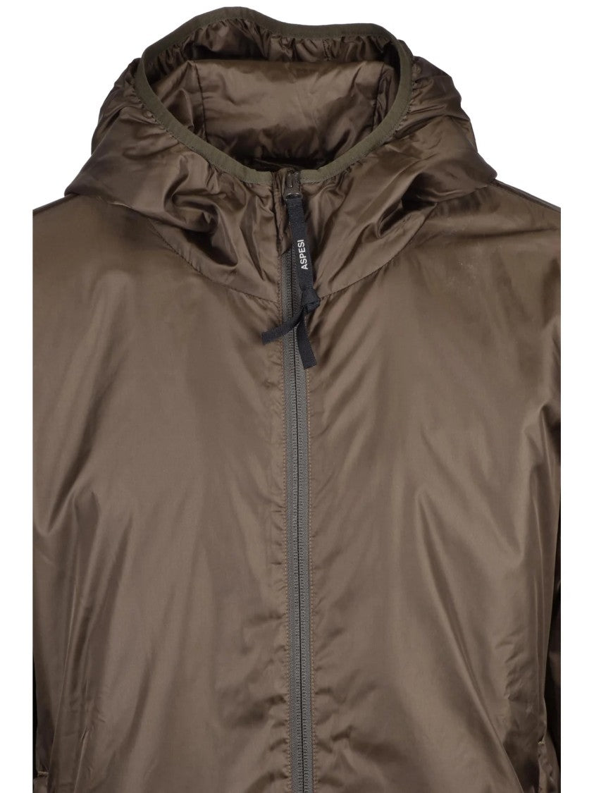 Aspesi Lightweight Green Nylon Jacket With Zip Closure And Attached Hood