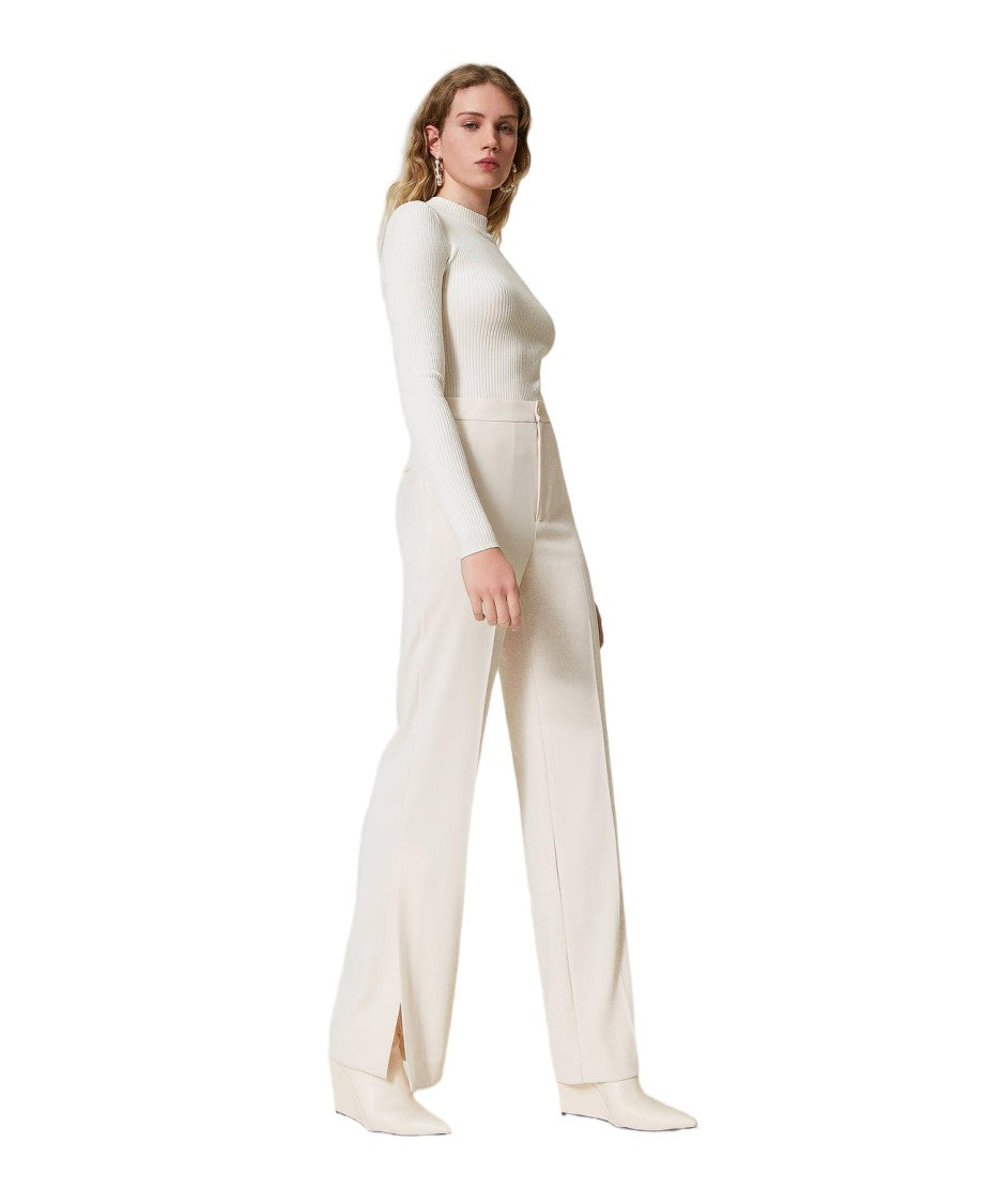 Twin-Set Old White Stretch Crêpe French Pockets Straight-Leg Pants