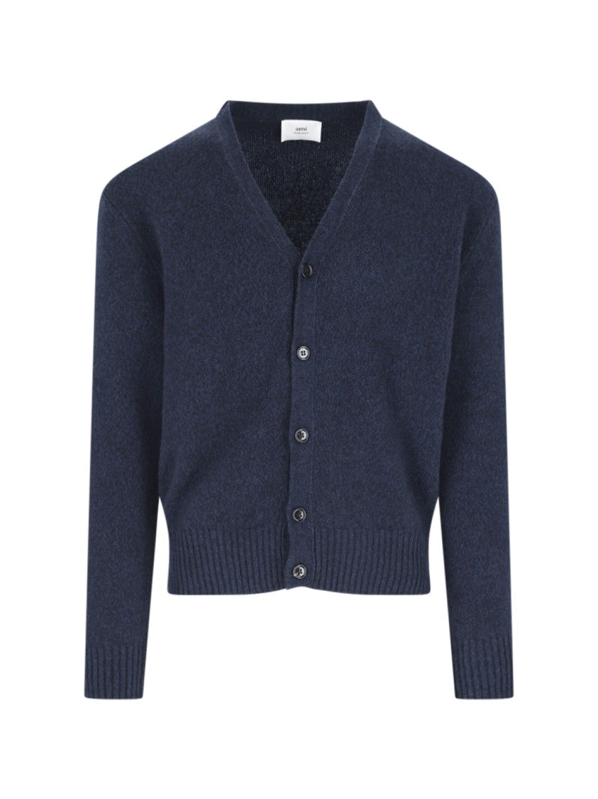 Ami Paris Classic Blue Cashmere V-Neck Cardigan