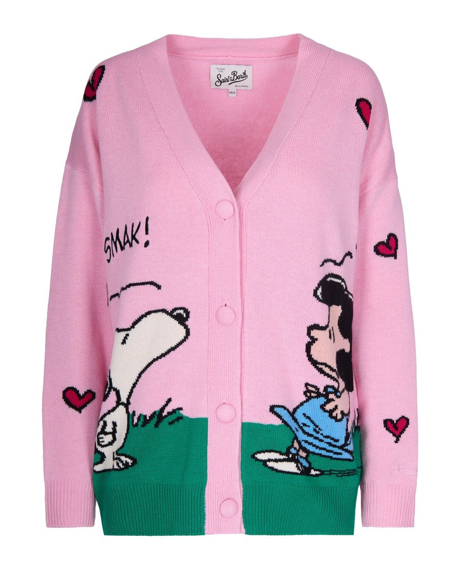 Mc2 Saint Barth Donegal Snoopy Jacquard Cardigan In Cashmere Blend