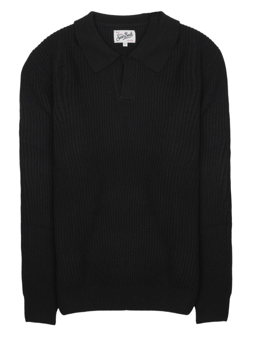 Mc2 Saint Barth Grey Ribbed Knit Wool Polo Shirt