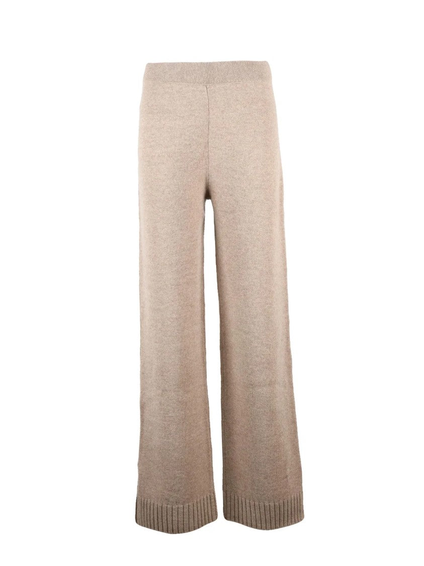 Tory Burch Beige Knit Trousers With Ribbed Waistband And Side Slits