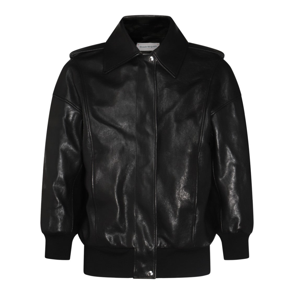 Alexander Mcqueen Black Leather Ribbed Cuffs Jacket