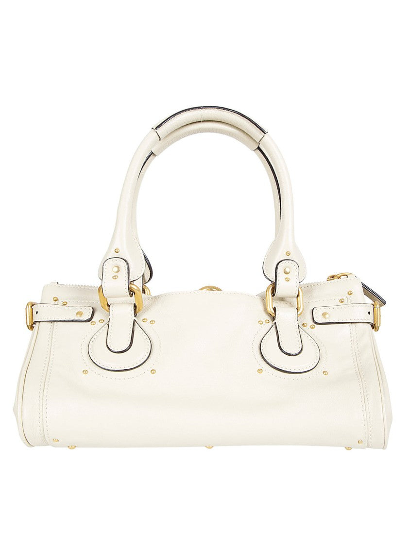 Chloé Structured White Leather Handbag With Golden Accents And Versatile Carry Options