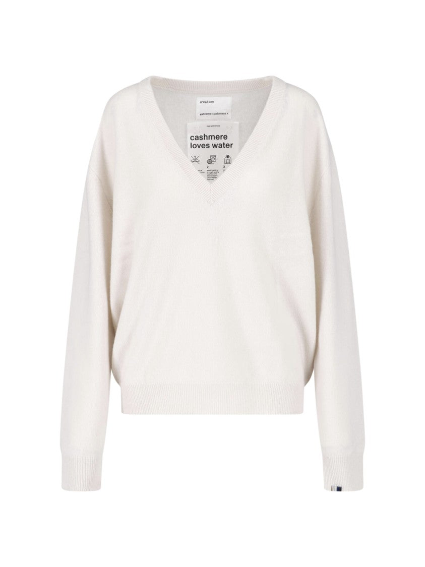 Extreme Cashmere Cream Ben Long-Sleeve Ribbed V-Neck Cashmere Sweater
