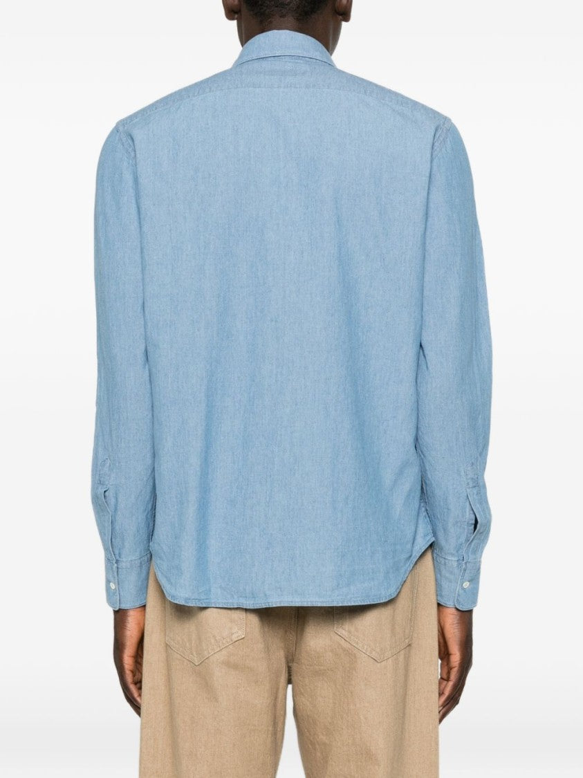 Aspesi Light Blue Denim-Like Button-Down Shirt With Pointed Collar