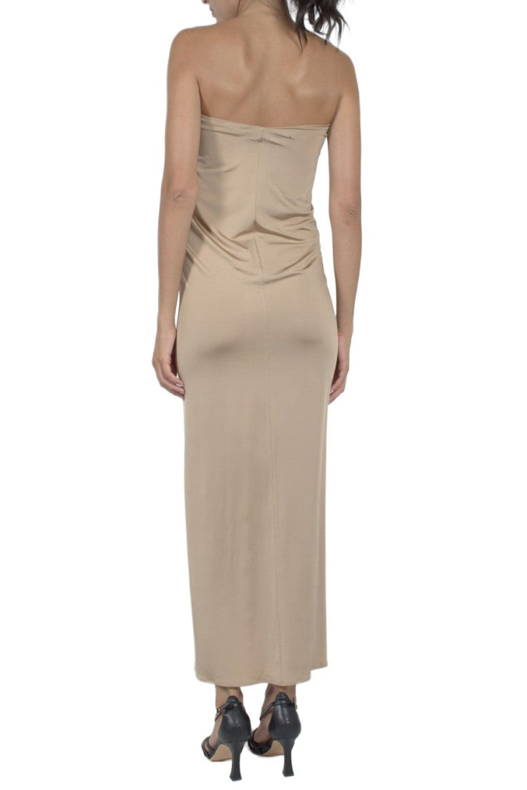 Magda Butrym Beige Strapless Gathered Cut-Out Viscose-Blend Maxi Dress