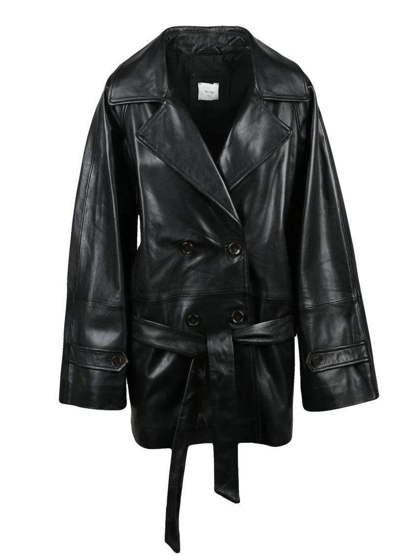 Alysi Black Leather Trench Coat