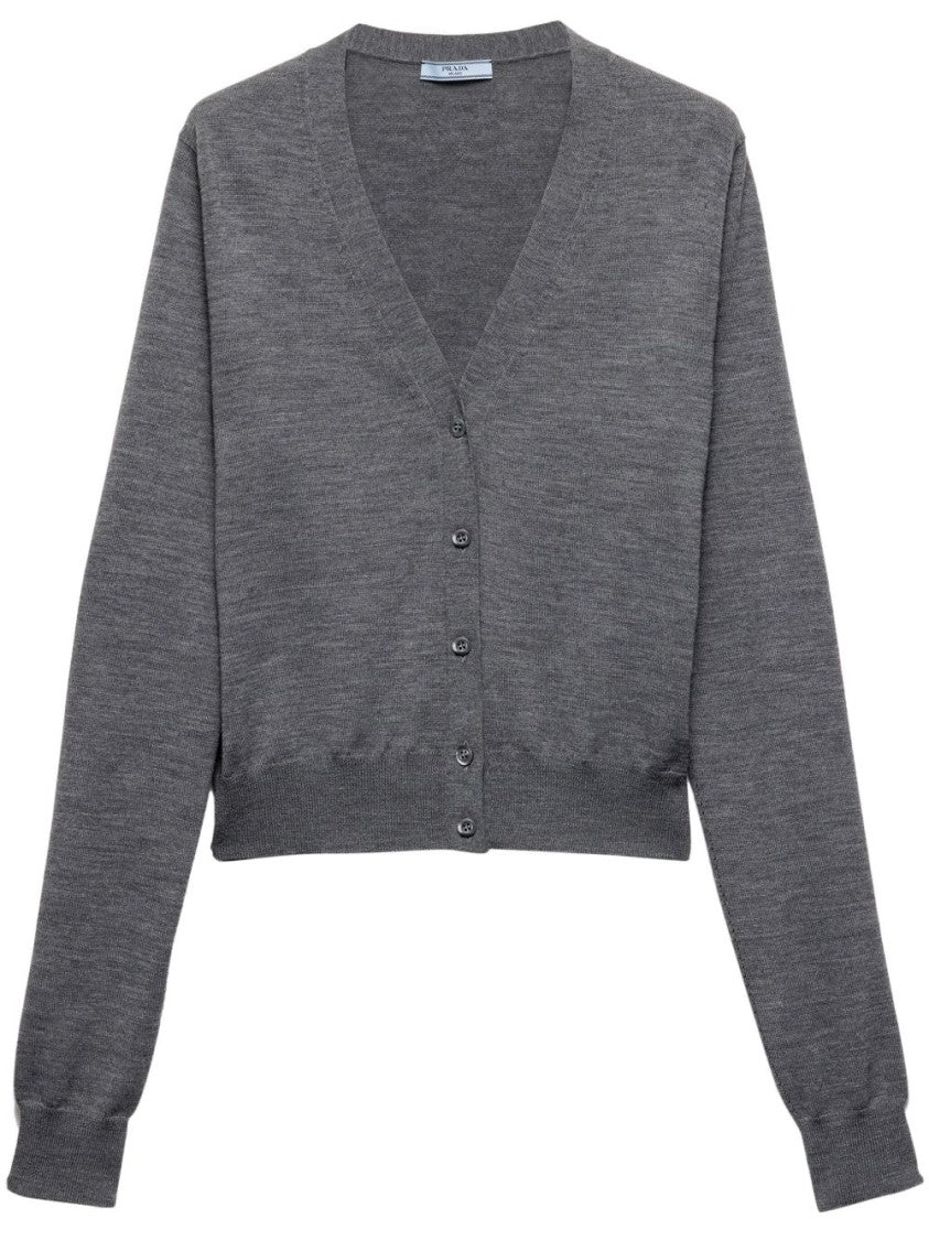 Prada Mélange Effect Cardigan With V-Neck And Triangle Logo