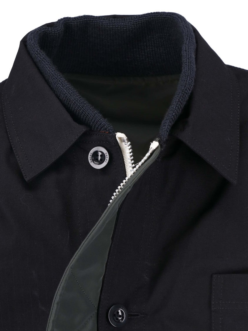 Sacai Reversible Black And Dark Olive Cropped Jacket