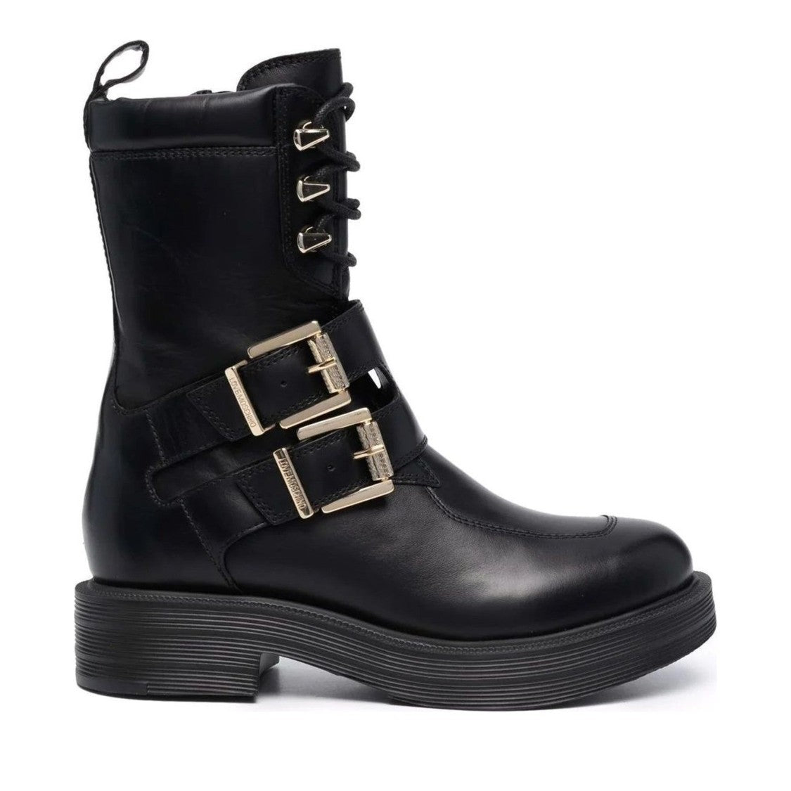 Love Moschino Black Leather Lace-Up Metallic Buckle Boots