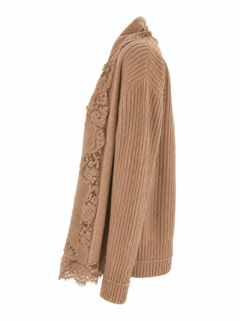 Ermanno Scervino Brown Lace-Trimmed Ribbed Knit Cardigan