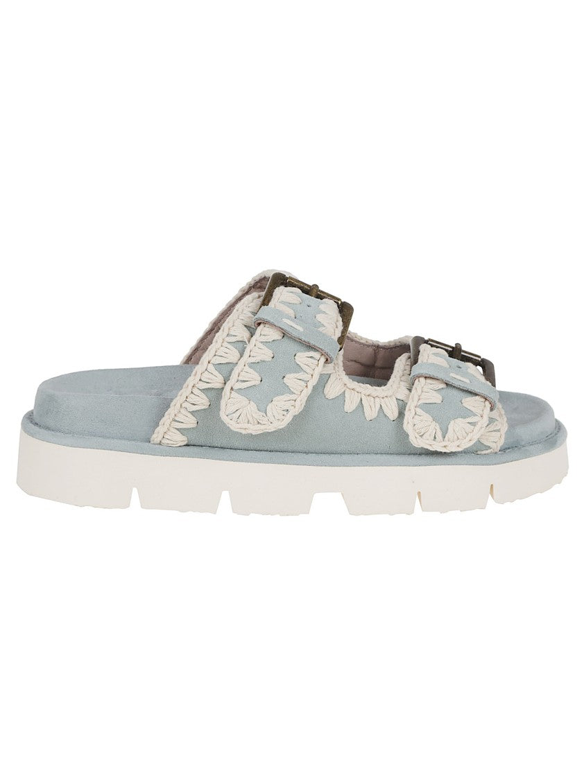 Mou Bio Sandal With Oversized Buckles And Crochet Detailing