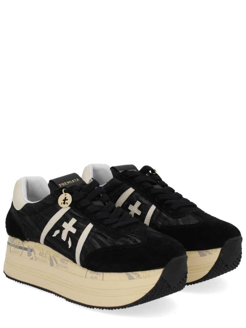 Premiata Chunky Black Leather Sneakers With Cream Sole And Gold Charm