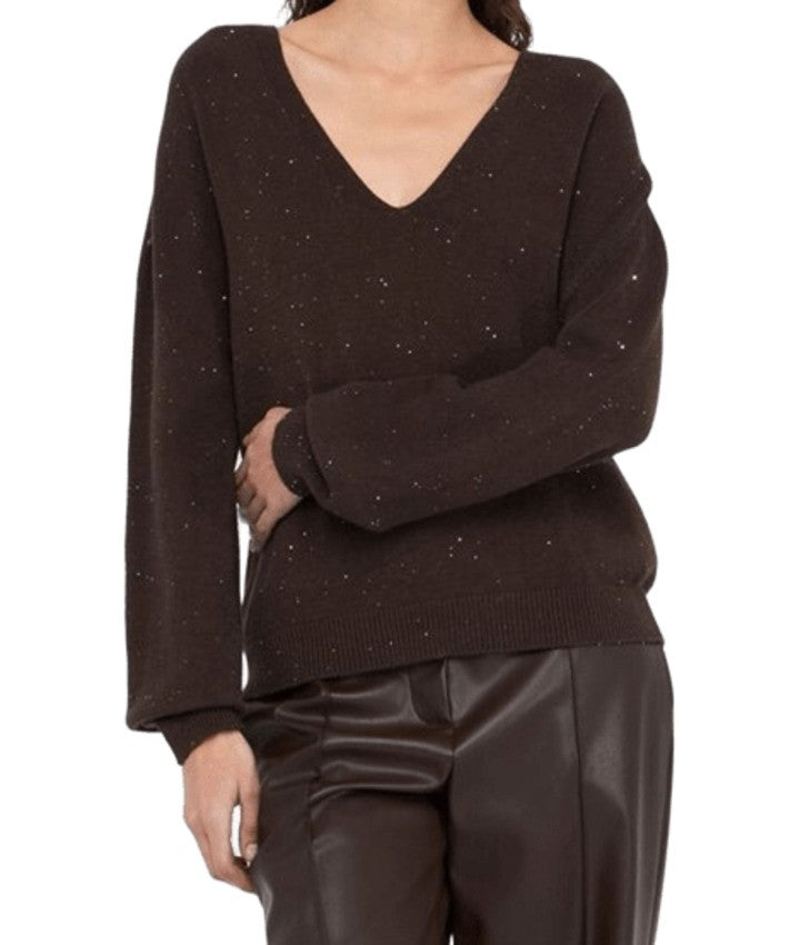 Liu Jo V-Neck Brown Sweater With Subtle Micro Sequins