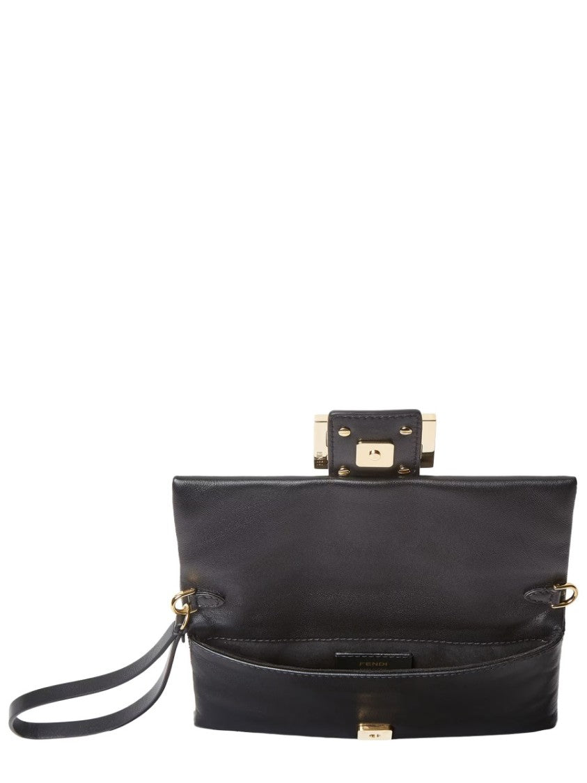Fendi Rectangular Black Leather Pouch With Gold Clasp And Chain Strap
