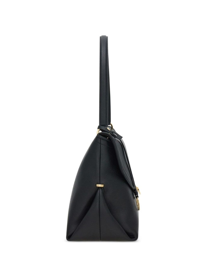 Ferragamo Elongated Gold-Tone Accent Black Calfskin Handbag