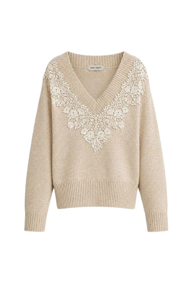 Alberta Ferretti Ivory Crochet Floral Trim V-Neck Cashmere-Blend Sweater