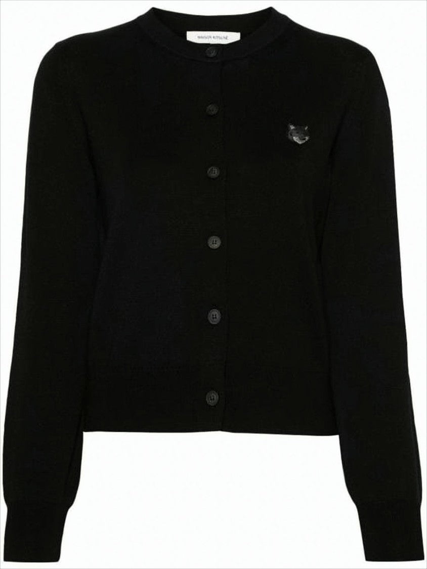 Maison Kitsuné Black Wool Cardigan With Button-Down Front And Embroidered Logo