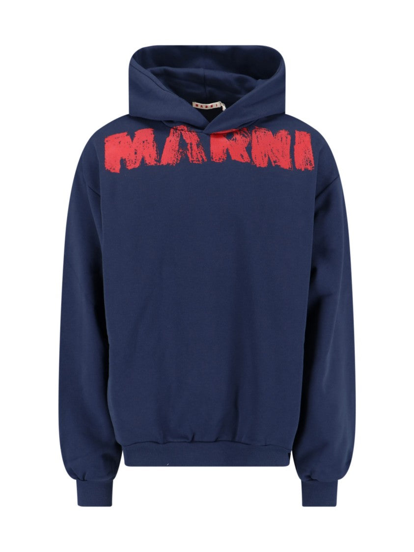 Marni Navy Blue Hoodie With Distressed Graphic Text