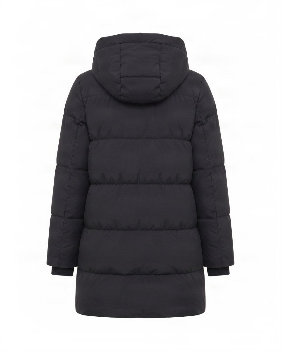 Woolrich Long Hooded Horizontal Quilted Down Jacket