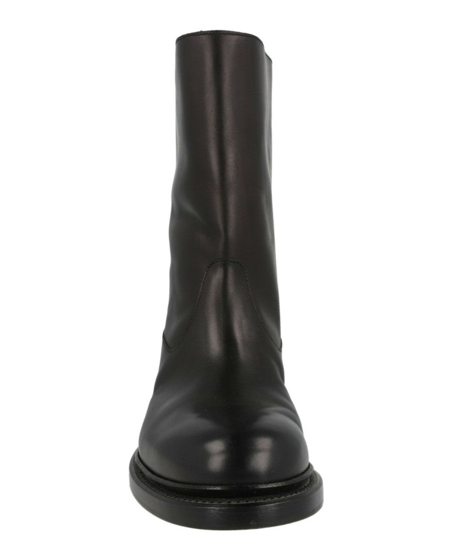 Brioni Mid-Calf Leather Boots With Faux Fur Lining And Stacked Heel