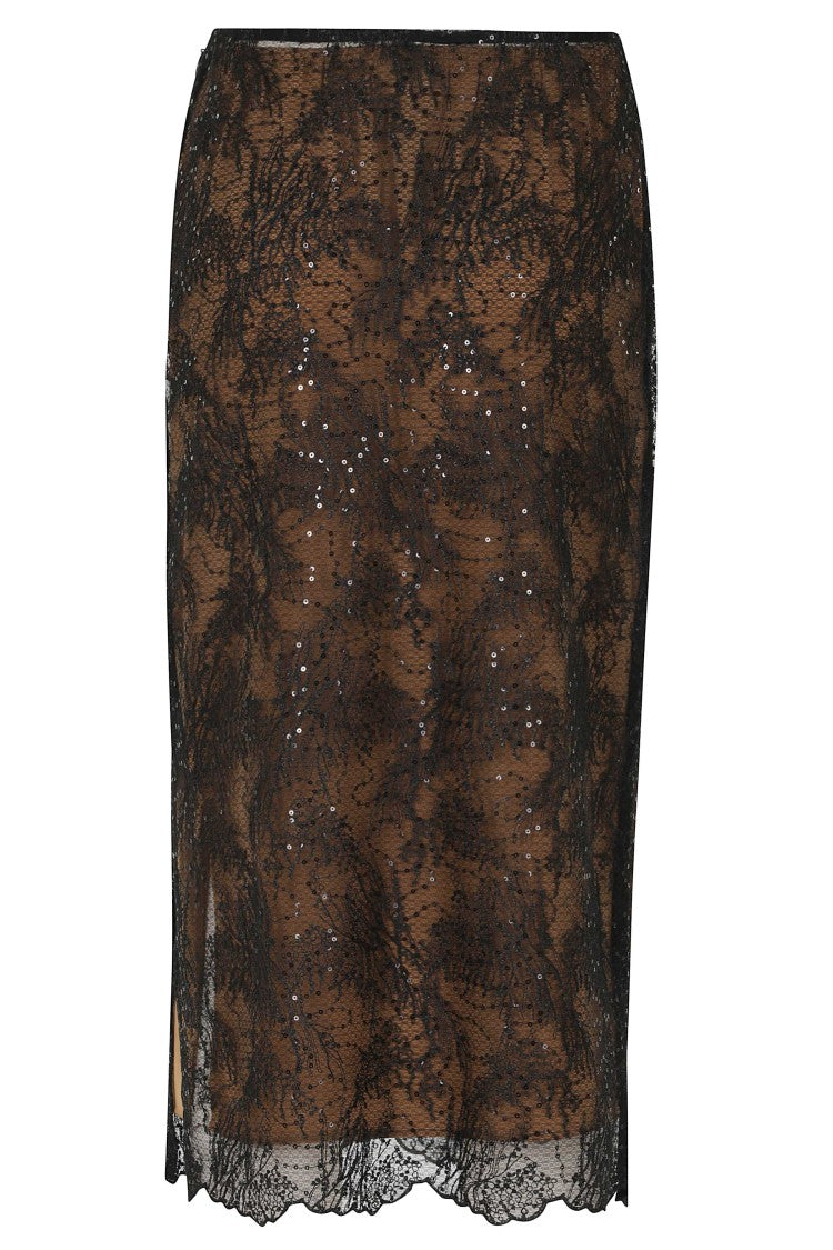 Semi Couture Black Camilla Scalloped Lace Hem Sequin Midi Skirt