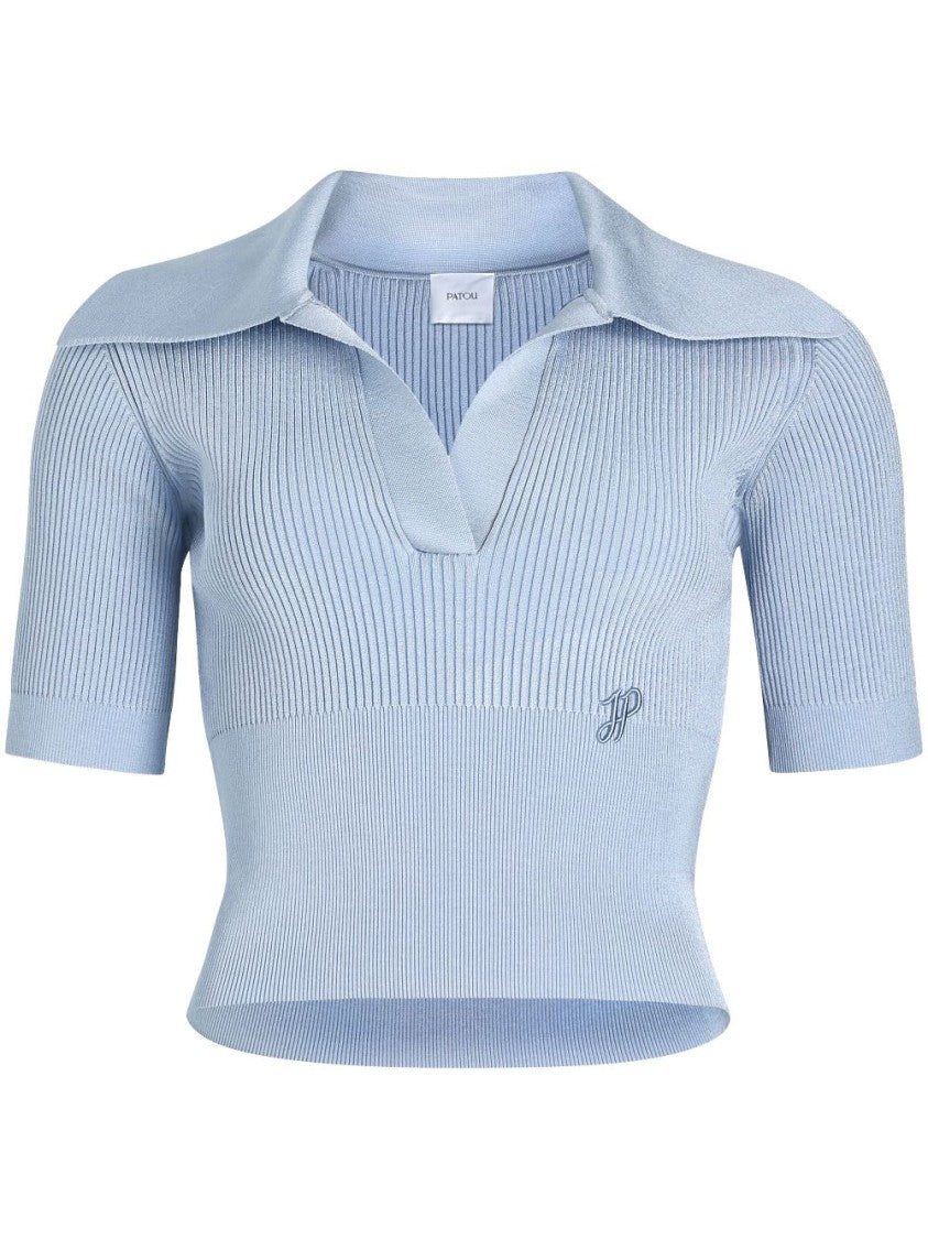 Patou Light Blue Ribbed Knit Polo Top