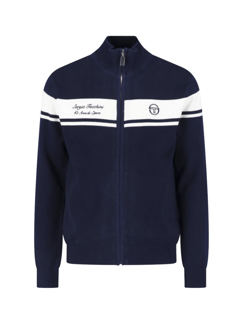 Sergio Tacchini Navy Full-Zip Stripe Detail Knit Sweater