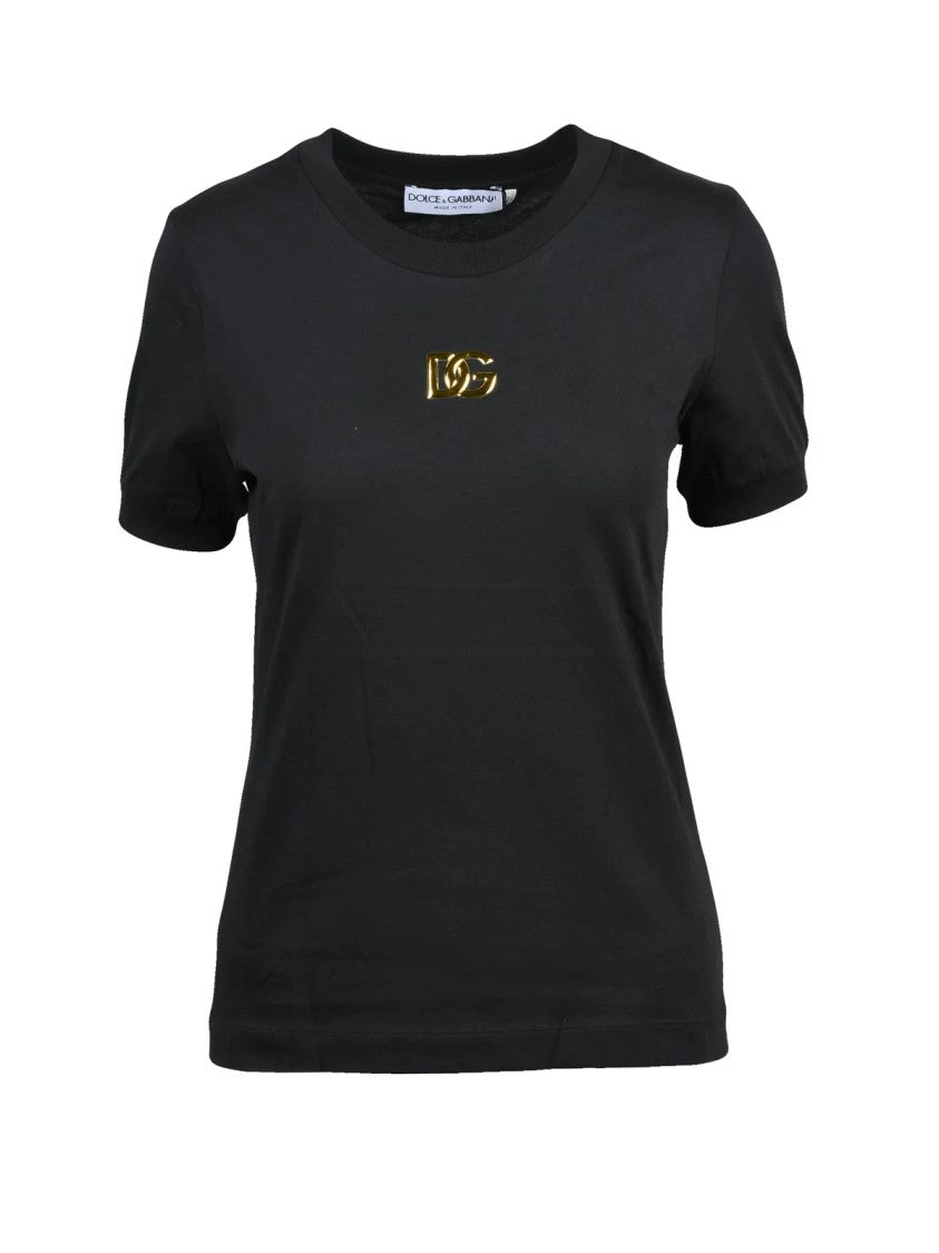 Dolce & Gabbana Black Gold Emblem Crew Neck Cotton T-Shirt