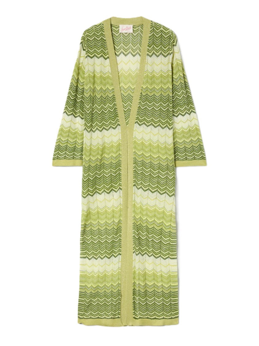 Mc2 Saint Barth Chevron Knit Long Cardigan With Three-Quarter Sleeves