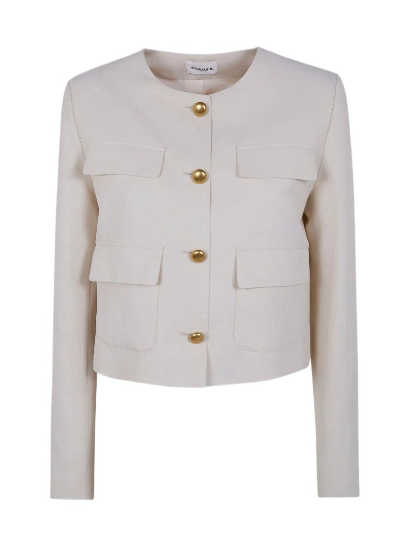 Parosh Cropped Linen Blend Jacket With Gold Button Accents