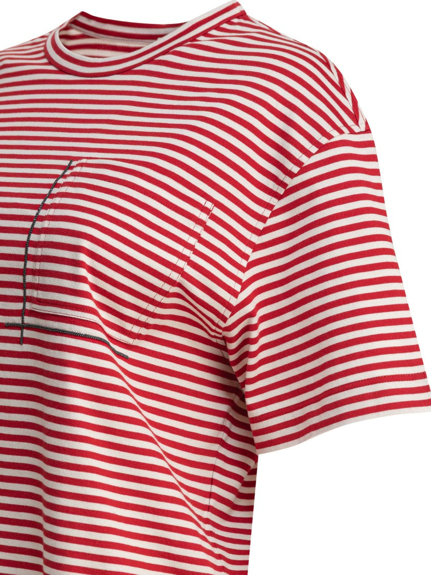 Brunello Cucinelli Cropped Red Striped T-Shirt