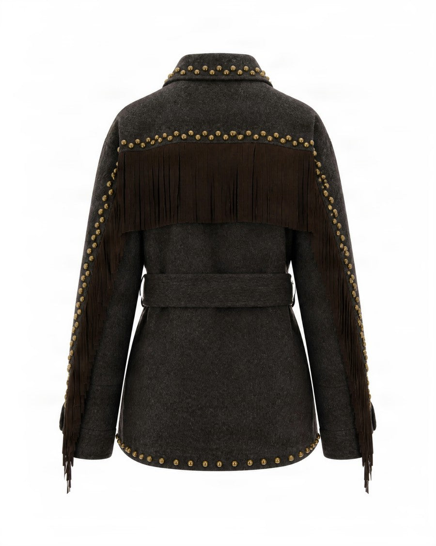 P.A.R.O.S.H. Fringe-Embellished Wool Jacket With Belted Waist And Studded Accents
