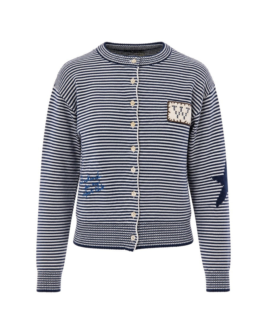 Max Mara Blue And White Striped Cotton-Blend Cardigan