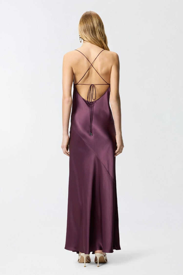 Pinko Burgundy Farro Bias-Cut Satin Acetate Slip Dress