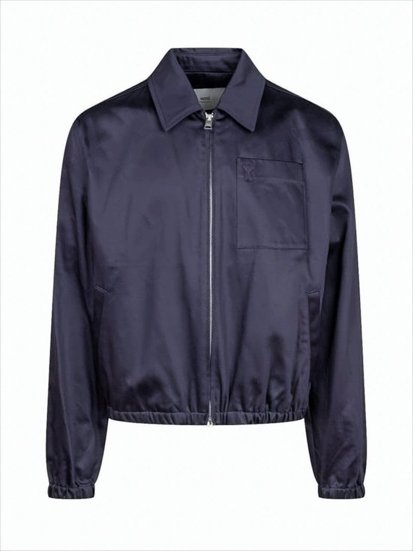 Ami Smooth-Finish Blue Cotton Jacket With Zip Closure
