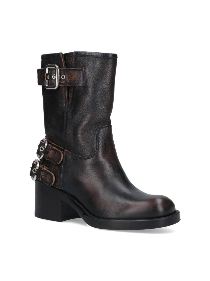 Chloé Mid-Calf Black Leather Boots With Silver-Tone Buckles