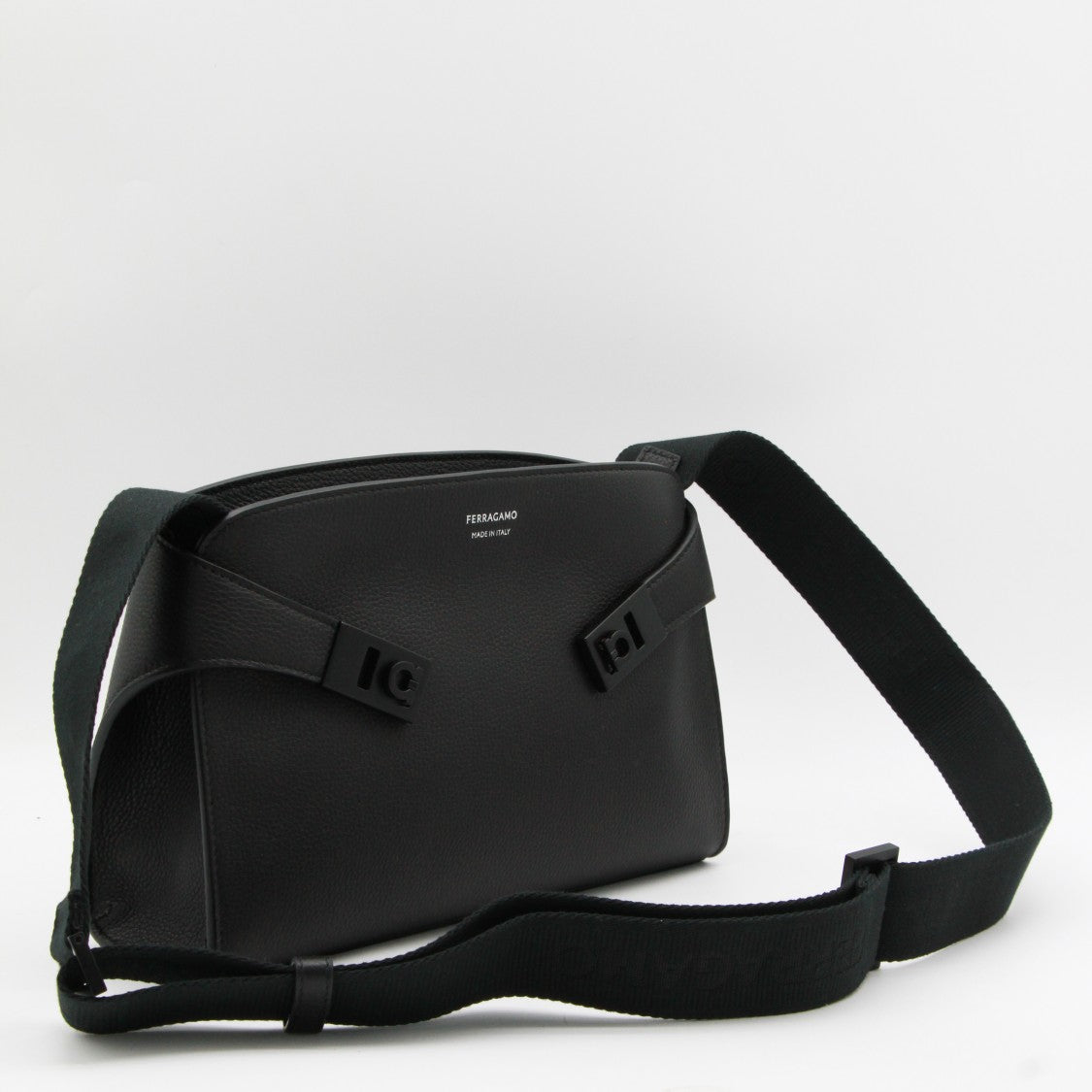 Ferragamo Rectangular Black Leather Crossbody Bag With Adjustable Strap